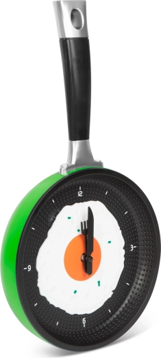 Orologio da parete a forma di padella con uovo all'occhio di bue verde