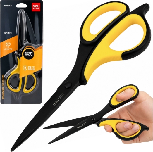Forbici da ufficio Deli in acciaio inox nero-gialle 18,4 cm - 1 pezzo