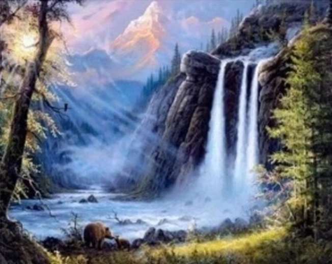 Pittura con diamanti Cascata in montagna 30 × 40 cm