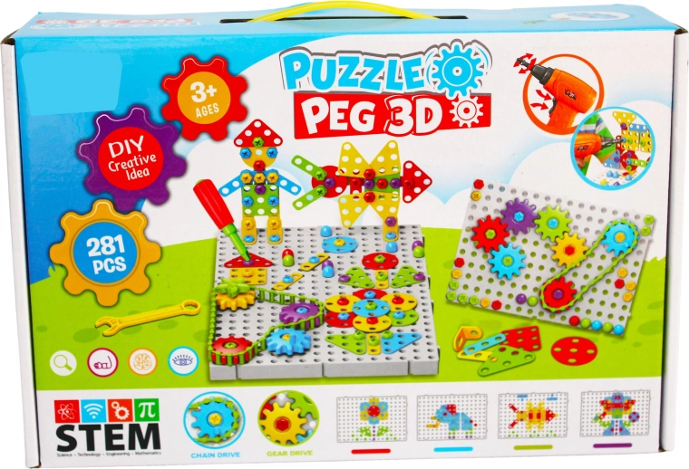Costruzione creativa 3D con trapano per bambini Puzzle Peg (281 pezzi)
