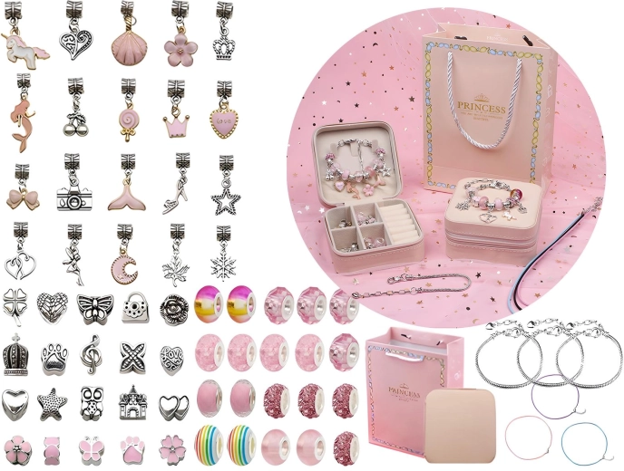 Kit per creare gioielli e braccialetti con ciondoli e perline in tonalità rosa con astuccio