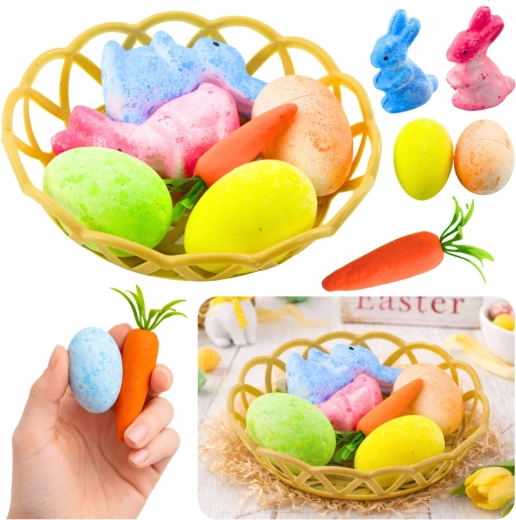 Decorazione pasquale in cestino con coniglietti, uova e carota - 6 pezzi