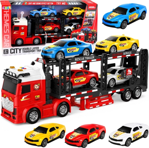 Camion da trasporto – bisarca con 4 auto sportive, luci e suoni