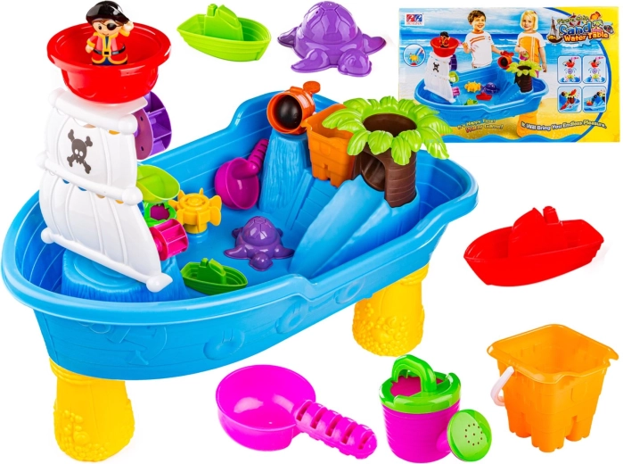 Tavolino da gioco ad acqua e sabbia a forma di nave pirata con accessori
