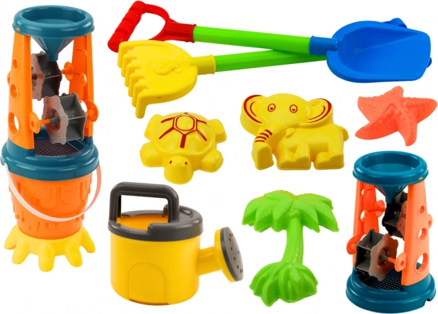 Set da sabbia Mulino per sabbia Paletta Rastrelli Annaffiatoio Formine Secchiello 10 pz.