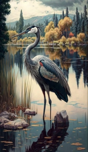 Pittura diamantata Gru sul lago 30 × 40 cm