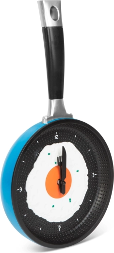 Orologio da parete a forma di padella con uovo all'occhio di bue blu