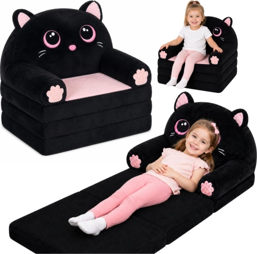 Poltroncina per bambini pieghevole 2 in 1 a forma di gattino – peluche, nera