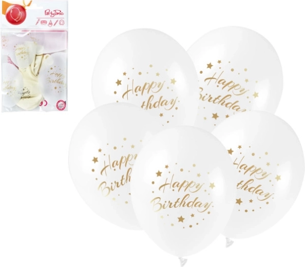 Palloncini in lattice Happy Birthday con stampa dorata 28 cm, 5 pz