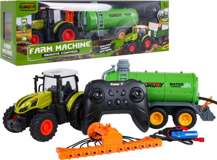 Trattore radiocomandato con cisterna e voltafieno in scala 1:24