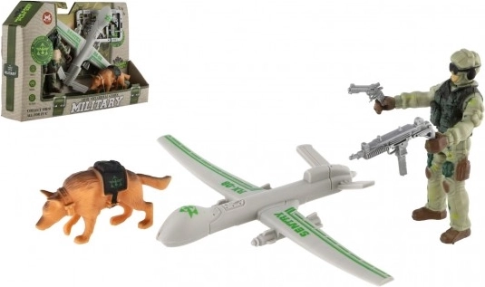 Set di gioco militare con drone, soldato e cane