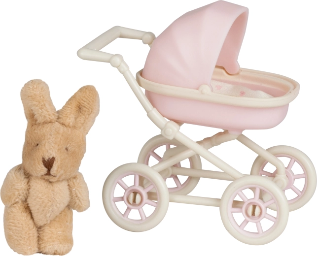 Passeggino Lundby con coniglietto di peluche per casa delle bambole