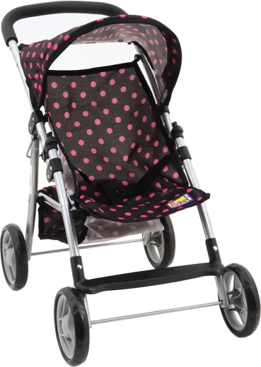 Passeggino a ombrello per bambole nero con pois rosa e cestino - 1 pezzo