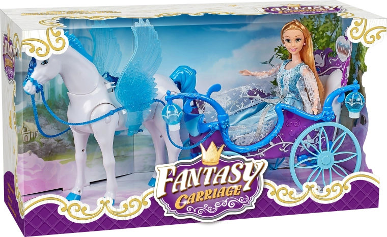 Carrozza magica blu con Pegaso e bambola con luce e suono
