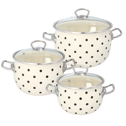 Set di 3 pentole smaltate con coperchi, bianche a pois, 2,5 l, 3,5 l, 5 l