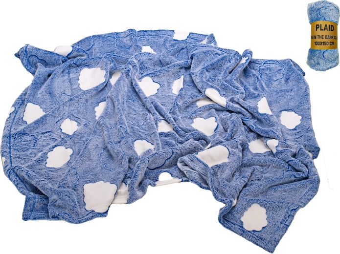 Coperta luminosa in microflanella blu con nuvolette 100 × 150 cm