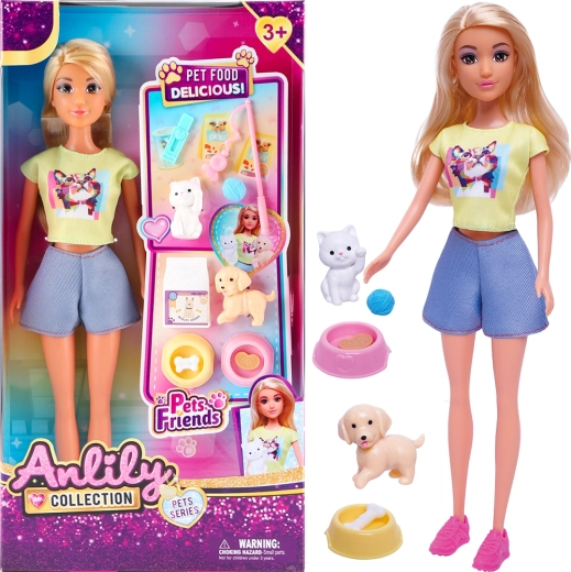 Bambola con gattino, cagnolino e ciotole per il cibo