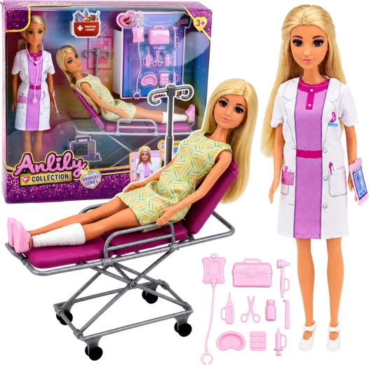 Set di bambole Anlily: dottoressa con paziente, letto ospedaliero e accessori medicali 30 cm