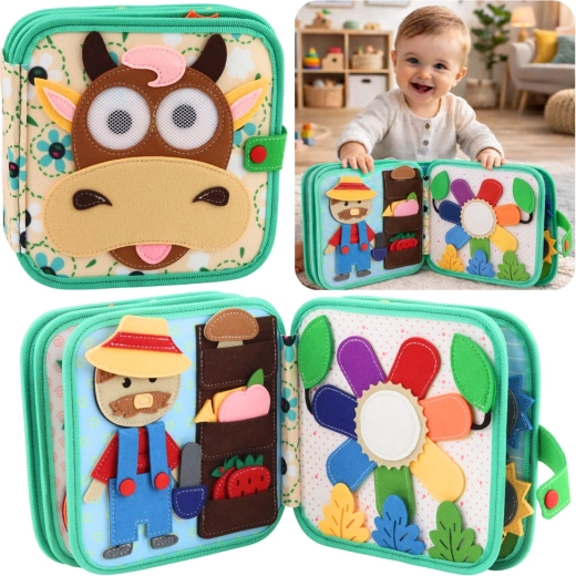 Libretto sensoriale in feltro – animali della fattoria con motivo della mucca