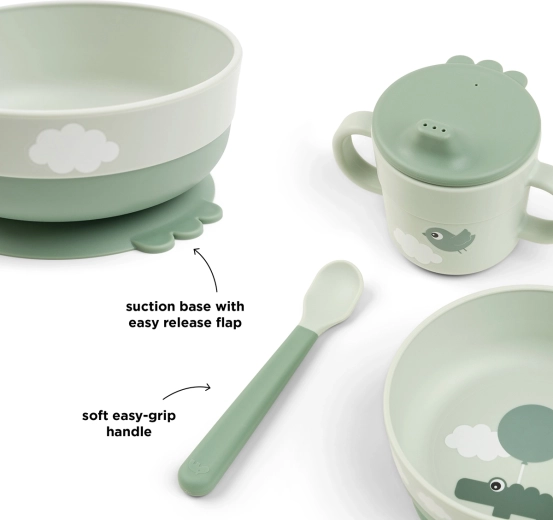 Set per la prima pappa Done by Deer Foodie con ventosa Happy clouds, verde