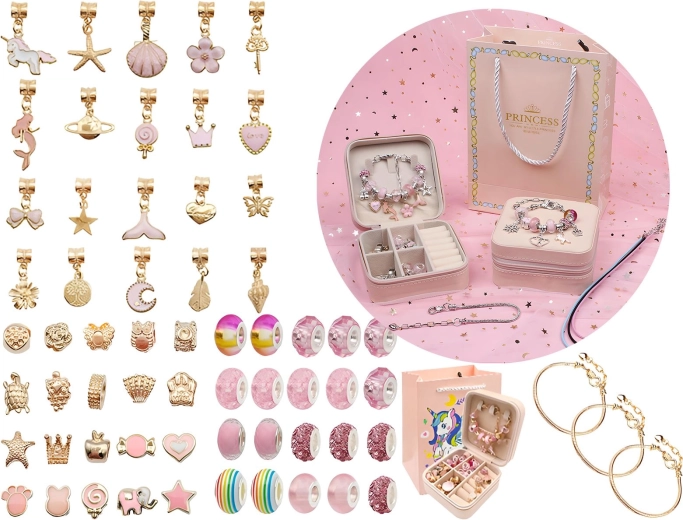 Set per creare gioielli e braccialetti con ciondoli e perline in tonalità rosa