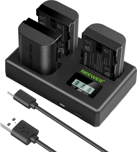 Neewer set 3× batterie di ricambio LP-E6P/LP-E6NH per fotocamere Canon con caricabatterie USB triplo