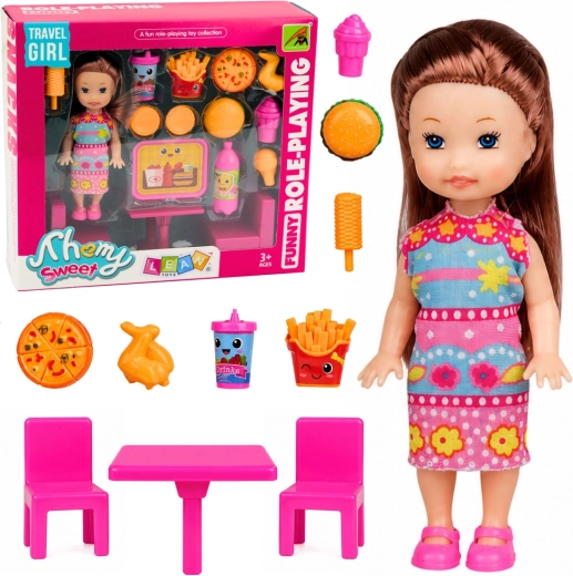 Mini bambola con set fast food, tavolino e 2 sedie (11 cm)
