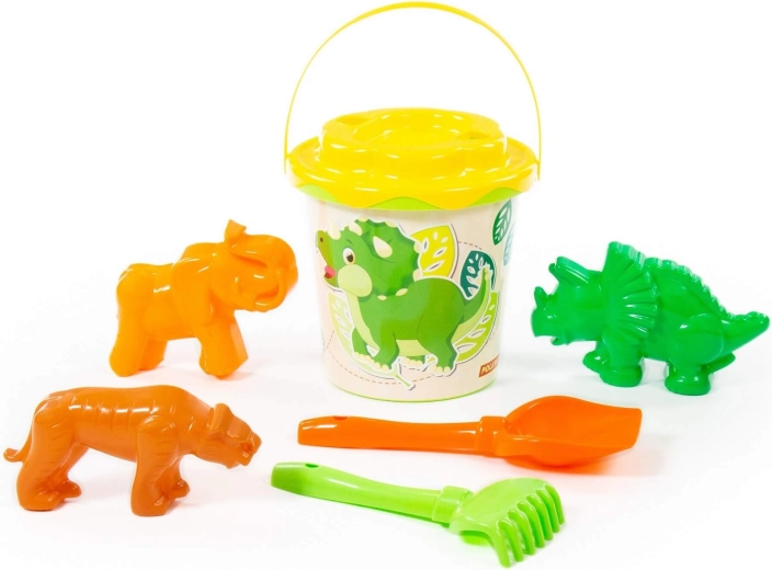 Set da spiaggia per bambini Dino – secchiello, paletta, rastrello e formine