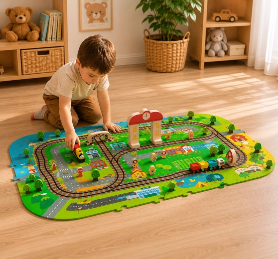 Tappetino in schiuma Humbi 3D città con trenino e binari, 56 pezzi