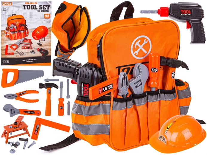 Set di attrezzi per bambini con zaino, avvitatore a batteria e casco protettivo