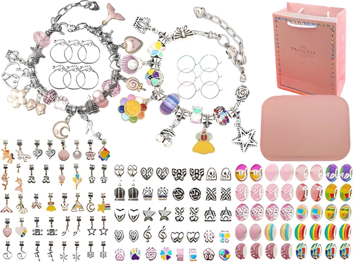Set creativo per creare gioielli e bracciali con ciondoli e perline (mix rosa arcobaleno) con astuccio