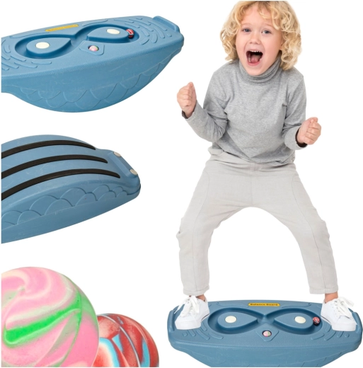 Tavola di equilibrio blu per bambini con labirinto e palline