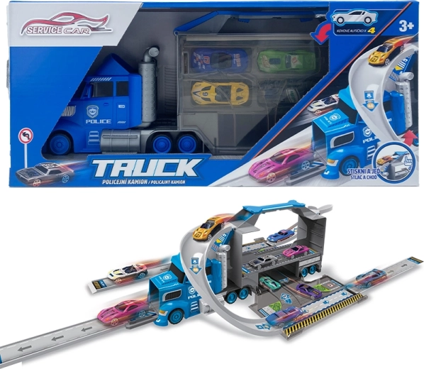Camion della polizia 2-in-1 con 4 auto e segnali stradali
