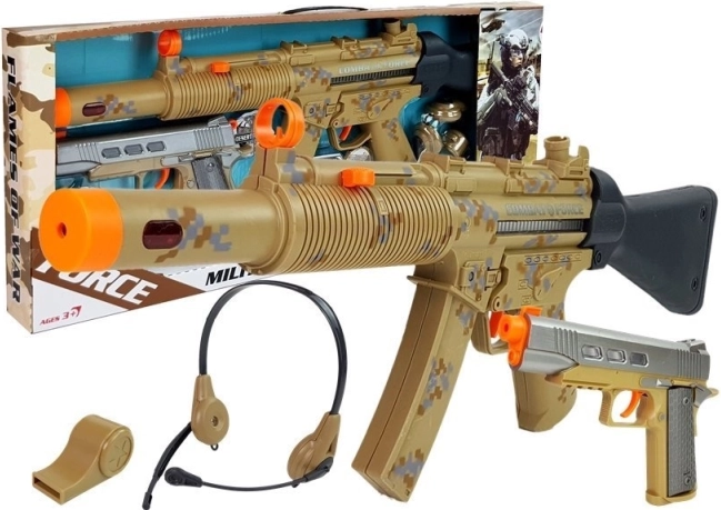 Set militare per bambini con due pistole, cuffie e fischietto