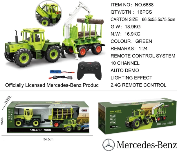 Trattore RC verde Mercedes-Benz con rimorchio per legna e gru 1:24