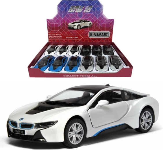 Macchinina di metallo BMW i8 con porte apribili e meccanismo a retrocarica