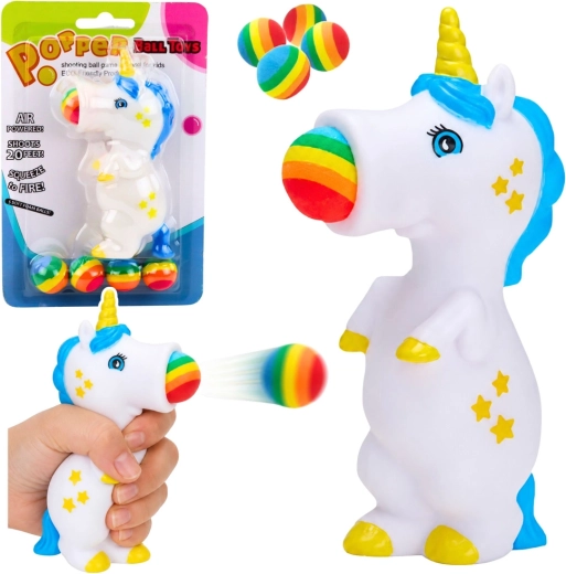 Unicorno in gomma spara-palline – giocattolo per bambini (5 palline)