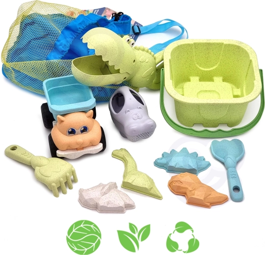 Woopie Green set ecologico per sabbia con secchiello e paletta a forma di coccodrillo, 10 pezzi nello zainetto