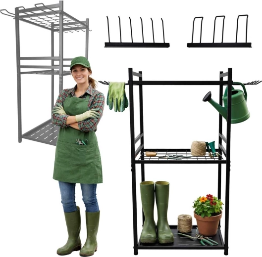 Supporto in metallo per attrezzi da giardino con ganci e ripiani LUARO