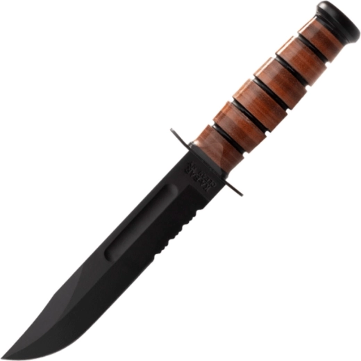 Coltello tattico KA-BAR USMC con filo seghettato, impugnatura in pelle e fodero