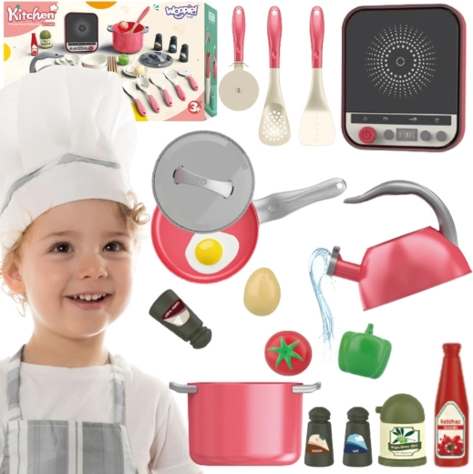 Set da cucina per bambini Woopie con piano cottura a induzione, colore rosa, 30 pezzi