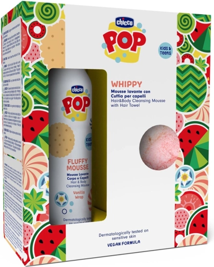 Chicco POP schiuma corpo e capelli 2 in 1 alla vaniglia con asciugamano per capelli 200 ml