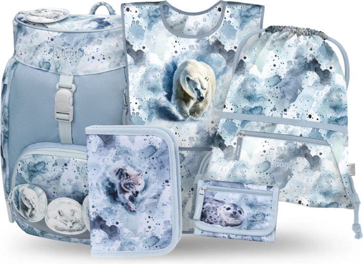 Set scolastico BAAGL Airy Polar 5 pezzi: zaino, astuccio, sacca, grembiule e portafoglio in materiali riciclati