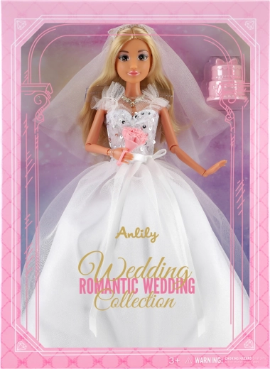 Bambola alla moda in abito da sposa con bouquet