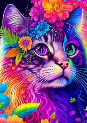 Pittura diamantata gatto colorato con fiori 30 × 40 cm