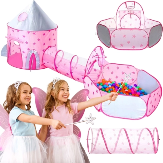 Woopie set da gioco per bambini 3in1 palazzo rosa per principesse con tenda, tunnel e piscina a secco