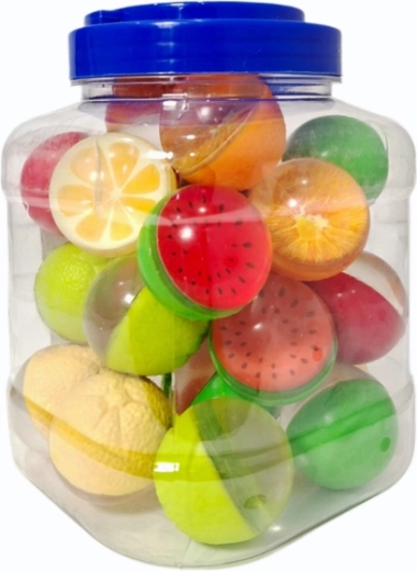 Palline di gomma con motivi di frutta 4 cm, 25 pezzi in barattolo