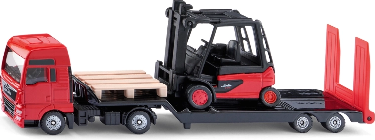 Siku trattore stradale MAN con rimorchio ribassato e carrello elevatore Linde