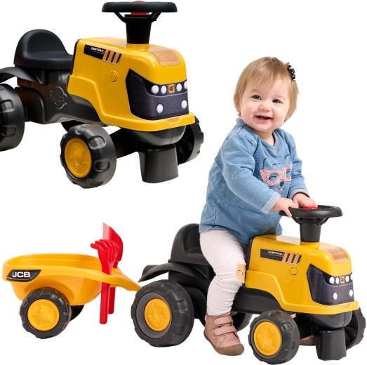 Trattore cavalcabile JCB Fastrac con rimorchio, paletta e rastrello