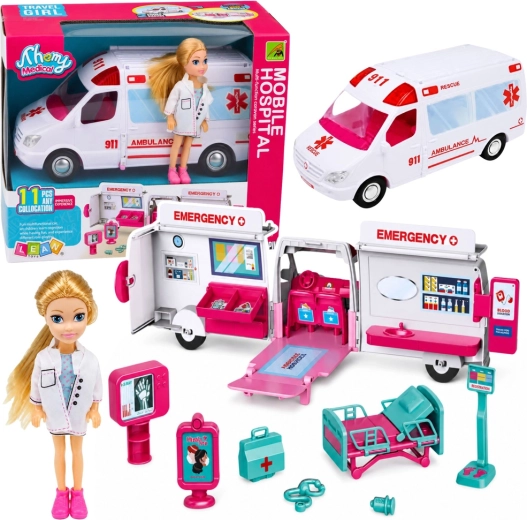 Ambulanza pieghevole per bambole con mini dottoressa e accessori (11 pezzi)